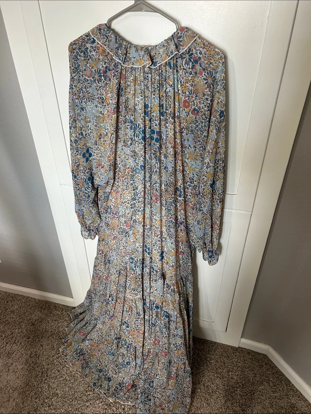 Free People Floral Long-Sleeve Tiered Maxi Dress - Blue Multicolor w full slip - Picture 4 of 6